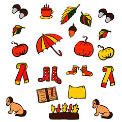 autumn, autumn pattern, autumn set, dog, knitted scarf, warm knitted socks,rubber boots,umbrella,pumpkins,acorns,mushrooms, book, cup with a hot drink, pillow