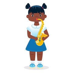 A girl plays the saxophone. Character with African-American appearance. Vector. Flat. Cartoon drawing.