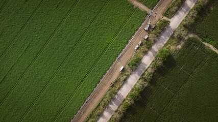 Installation of an irrigation system in a potato field. DJI Mavic Mini 2 drone photography