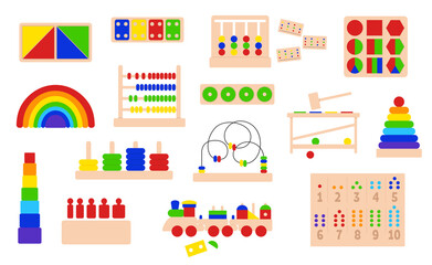 Collection of wooden Educational logic toys for Montessori games. Montessori system for early childhood development. Set of vector objects on a white background.