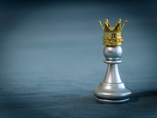 Silver chess pawn wear gold crown standing on a chessboard. Demonstrate leadership and business growth with teamwork to victory, business strategy concept for success.