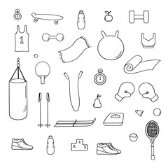 Set of sports equipment in the doodle style. Collection of isolated design elements on a white background. Fitness clipart kit about healthy lifestyle.