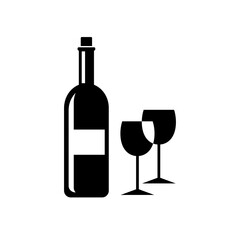 Wine bottle and wine glass. Vector icon