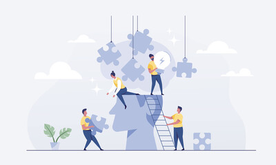Teamwork connects jigsaw puzzles for brainstorming. vector illustration.