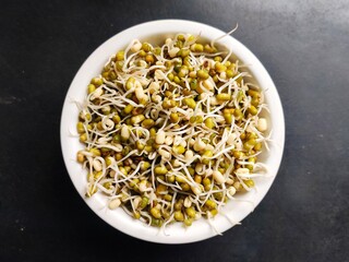 Green sprouted moong in a plate. Mung bean sprouts are a culinary vegetable grown by sprouting mung beans. Mung Bean Sprout