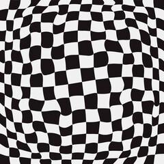 Convex checker race flag. Fish eye race ornament. Black and white vector.
