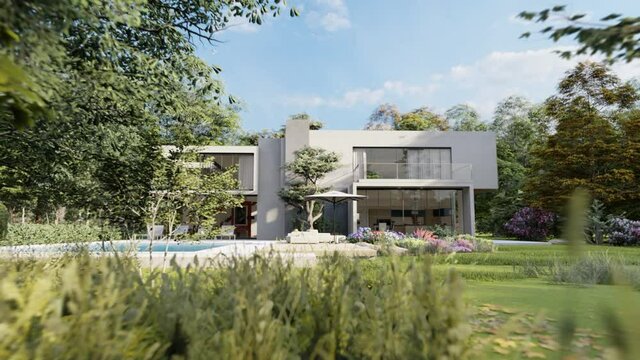 Contemporary original cubic home  with pool and garden in the evening 3