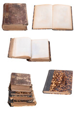 Old yellowed books stacked and with blank pages. Old publications kept in the library.