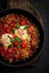 Shakshuka, oeufs pochées à la poêle avec sauce tomate et légumes