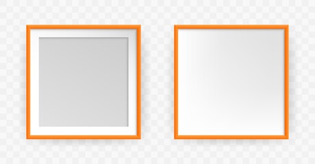 Fototapeta na wymiar Photo frame square mockup. Realistic orange empty framing, 3d blank photograph design template. Vector illustration