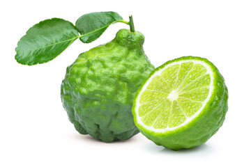 Bergamot or kaffir lime fruit with green leaf isolated on white background. 