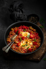 Shakshuka, oeufs pochées à la poêle avec sauce tomate et légumes