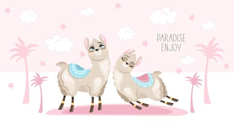 Summer banner with a cute Llama on a beautiful background. A handwritten greeting. Vector illustration.