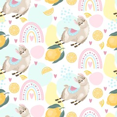 Seamless pattern with a cute Llama on a summer background. Vector illustration.
