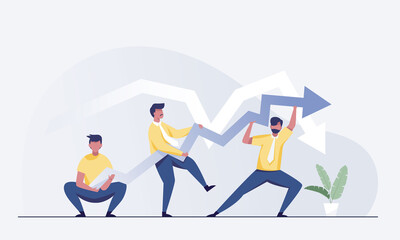 Business people pushing financial arrow graph up. Growth, success, crisis management. vector illustration