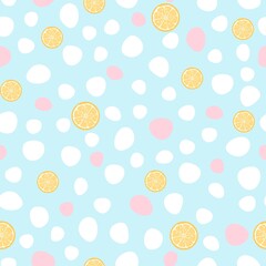 Abstract seamless patterns with fruits. Summer background with dots and a rainbow. Vector illustration.
