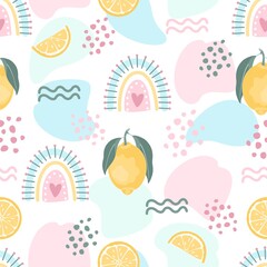 Fototapeta premium Abstract seamless patterns with fruits. Summer background with dots and a rainbow. Vector illustration. 