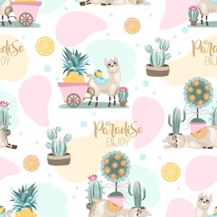 Seamless pattern with a cute Llama on a summer background. Vector illustration.