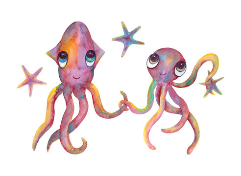 Squid and octopus, isolated on a white background. Sea animals and stars. Marine life. The illustration is drawn in watercolor by hand.