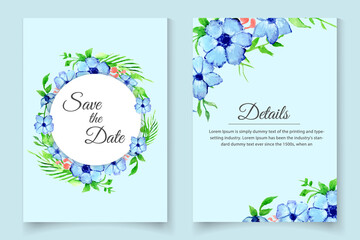 wedding invitation card set with light blue leaves and flowers , Save the date and R.S.V.P. botany design for wedding card set