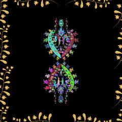 Seamless pattern with interesting doodles on colorfil background. Raster illustration.