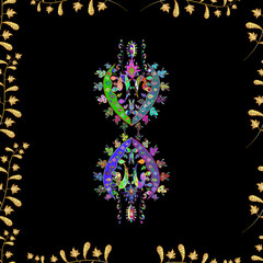 Seamless pattern with interesting doodles on colorfil background. Vector illustration.