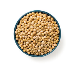 Raw chickpeas in a blue ceramic bowl isolated on white background. Dry chick-pea beans as ingredient of hummus and vegetarian food. Source of vegetable protein and dietarty fibers.