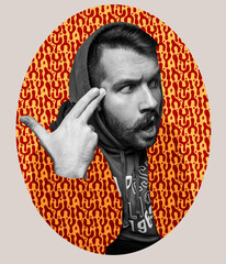 Young caucasian man, guy in jacket with hood in the same color as background of the image. Gray,...
