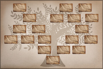 Family tree with empty frames for photos in vintage style, illustration. Space for design