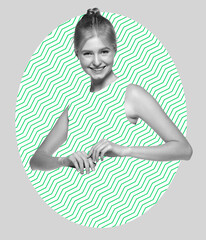 Half length portrait of one young pretty caucasian girl in white patterned dress transforming into...
