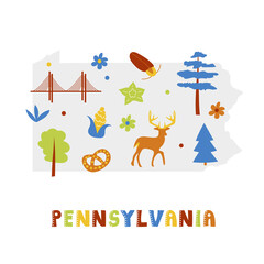 USA map collection. State symbols and nature on gray state silhouette - Pennsylvania. Cartoon simple style for print