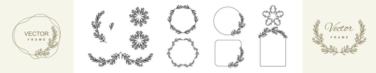 Set of elegant floral frames. Vintage plant wreaths with branches and leaves. Decorative elements for design. Vector illustration isolated on white background
