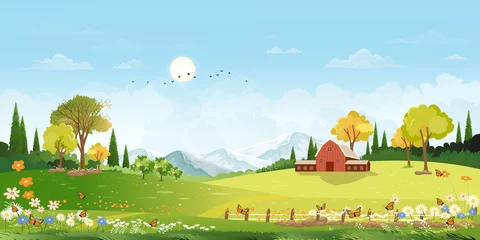 Tuinposter Lente landschap in dorp met groen veld, bloem en vlinder weide op heuvels met blauwe lucht, Vector cartoon zonnige dag zomertijd op het platteland, grasveld, houten schuur en wilde bloemen © Anchalee