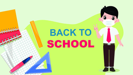 Back to school or school time banner template. Young children characters with books. Composition with notebook