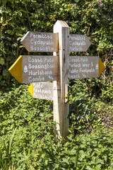 Comprehensive signposting on Exmoor National Park near the village of Bossington, Somerset UK