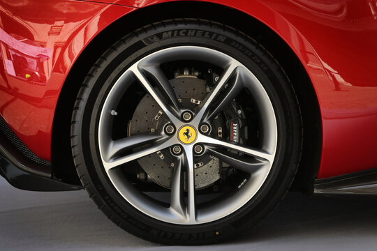 Modena, Italy, july 1 2021 - Ferrari 296 GBT sport car, wheel detail, Motor Valley Exibition