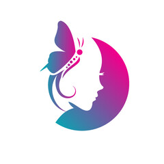 Beauty salon logo with girl face and butterfly on white background cartoon vector illustration