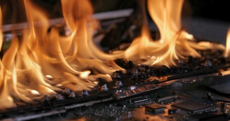 Burning laptop computer electronics closeup