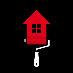 Logo rouge et blanc sur fond noir, pour une entreprise de peinture composé d’un rouleau avec une trace de peinture représentant une maison. - obrazy, fototapety, plakaty