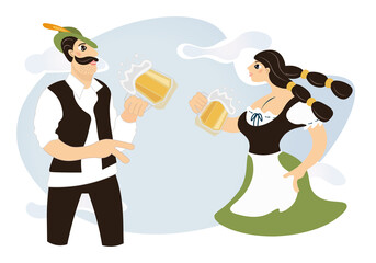 Oktoberfest. Characters in German national dress drink beer from large mugs. Beer festival in Bavaria. Vector flat isolated illustration . Cartoon design. Banner, poster, postcard.