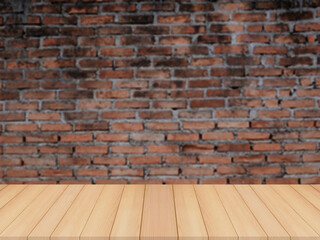 wood table with blurred brick wall background for product display