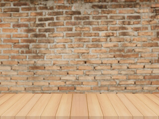 wood table with blurred brick wall background for product display
