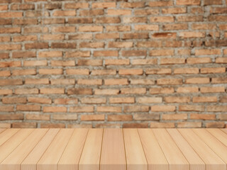 wood table with blurred brick wall background for product display