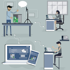 Flat style of technology,The technician teaching for solve and maintenance computer on online course - Vector