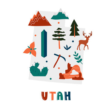 USA map collection. State symbols and nature on gray state silhouette - Utah. Cartoon simple style for print