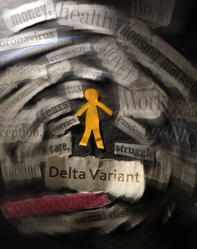 Paper cutout person surrounded by spinning Delta Coronavirus and economic related newspaper headlines