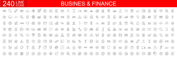 Big set of 240 Business icons. Business and Finance web icons. Vector business and finance editable stroke line icon set with money, bank, check, law, auction, exchance, payment. Vector illustration. - obrazy, fototapety, plakaty