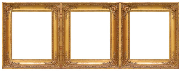 Triple golden frame (triptych) for paintings, mirrors or photos isolated on white background....