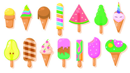 Set Abstract Collection Flat Cartoon  Different Color Ice Cream Sweet Food Concept Vector Design Style Elements With Shadows Taste Delicious