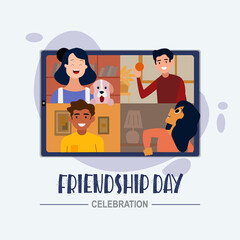 Poster of Friendship day . In this poster, friends celebrate friendship day by video calling to each other on a tab